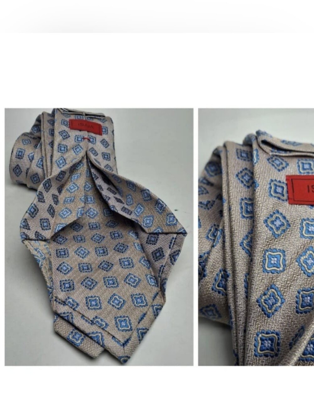 ISAIA 7 Fold Tie Men Silk Champagne Foulard Medallion Quiet Luxury 3.25"x60"